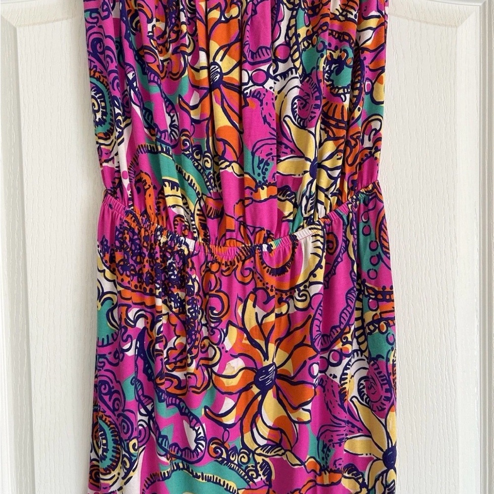 Lilly Pulitzer Windsor Strapless Mini Dress in Pink, Purple with Elastic Waist M
